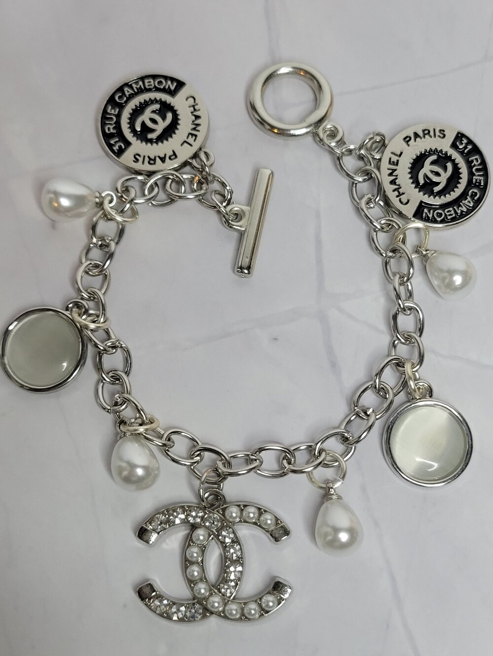 7.5"  Stainless Steel Toggle Bracelet Pearl & Crystal CC Charm Bracelet